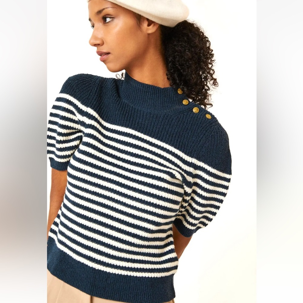 Anthropologie Maeve Divendra Navy Stripe French Blouse Gold Buttons Sz L